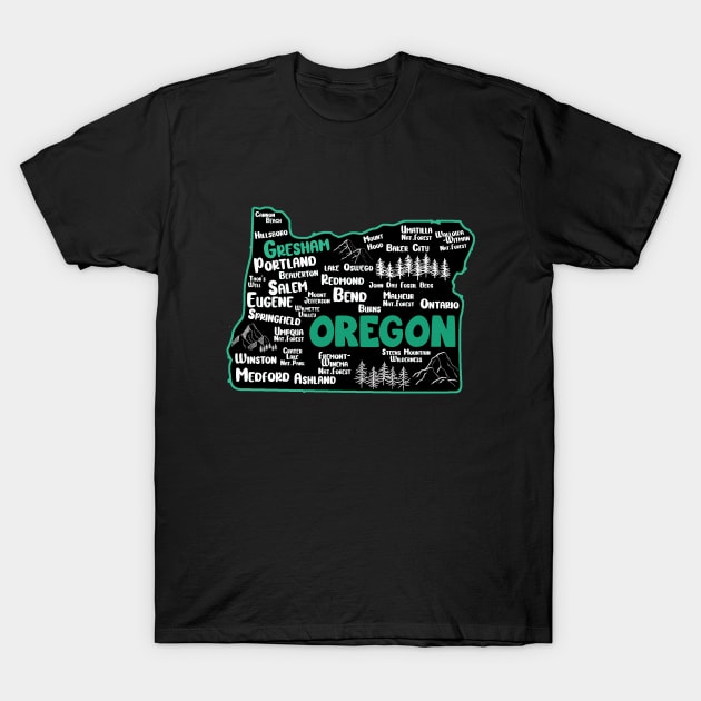 Cute map of Gresham Oregon, Portland, Salem, Eugene, Springfield, Bend, Ontario, Medford T-Shirt by BoogieCreates